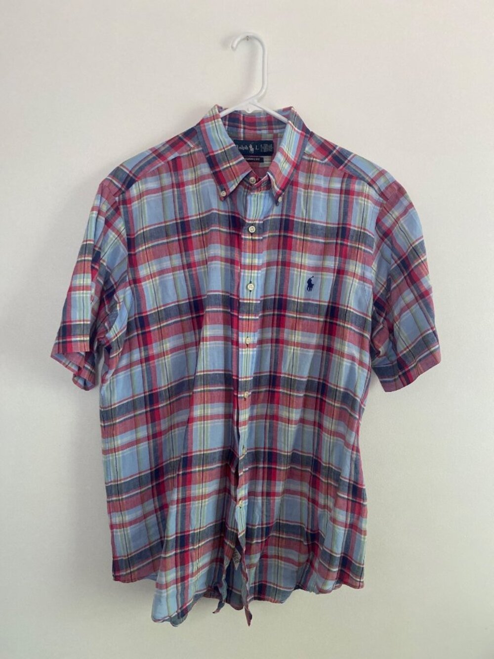 Ralph Lauren Men's Classic Fit Short Sleeve Plaid Button-Down Linen Shirt Size L